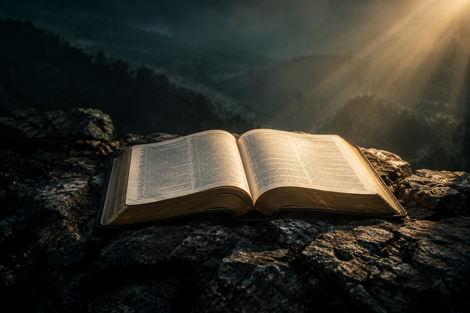 An open Bible resting on rock